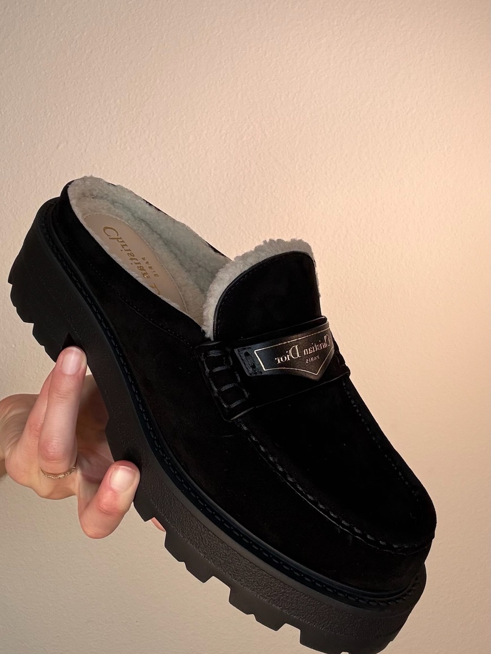 Dior Black Suede Shearling-Lined Lug Sole Loafer